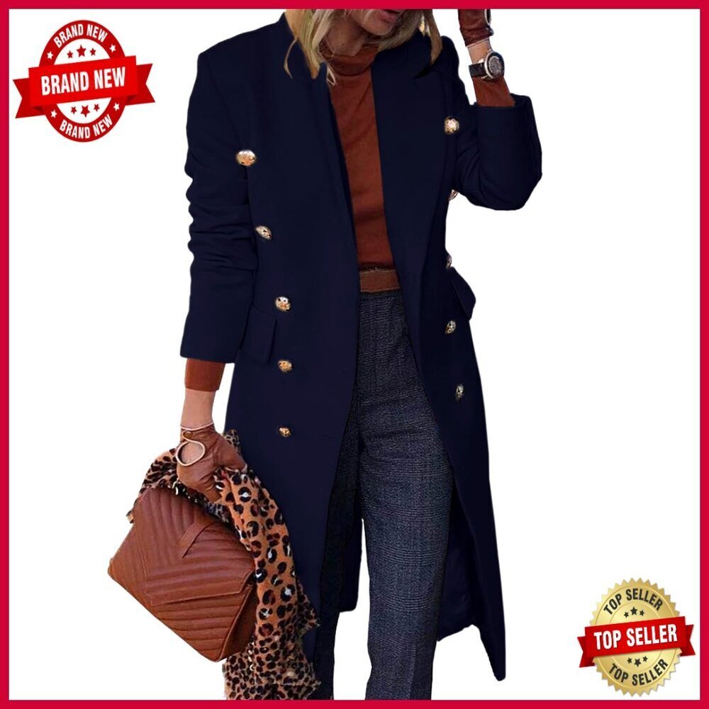 Long Wool Blend Trench Coat Double Breasted Knee Length Peacoat